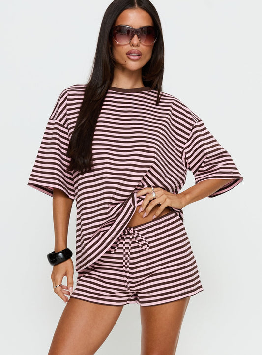 Settle Down Tie Shorts Pink / Brown Stripe