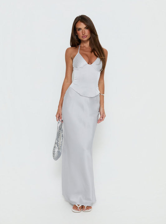 Devotedness Satin Corset Maxi Dress Silver