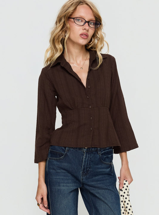 Taelynn 3/4 Sleeve Button Up Shirt Chocolate