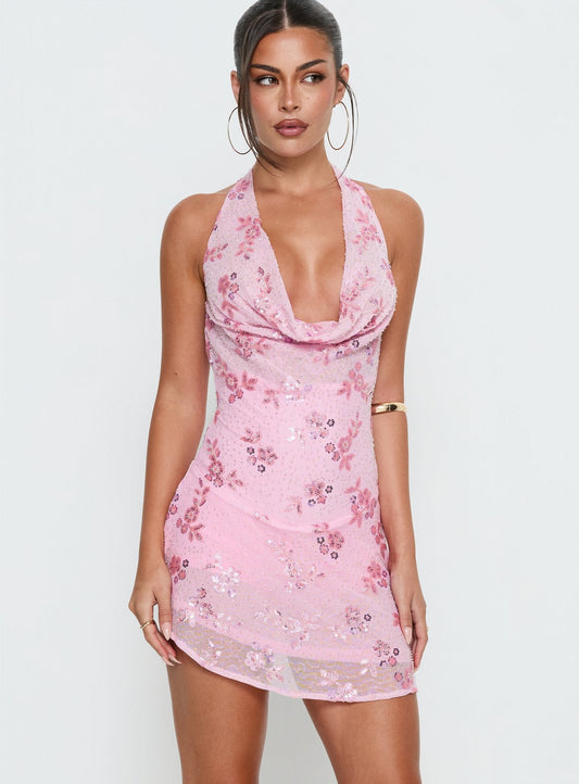 Longer Daylight Cowl Halter Playsuit Pink