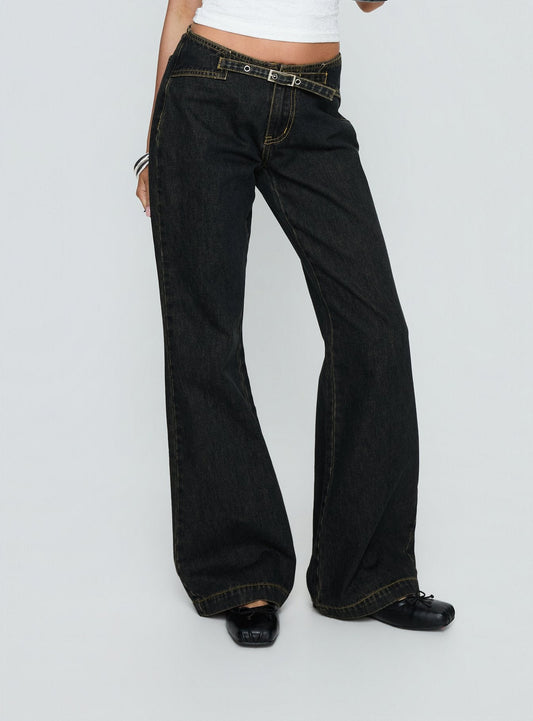 Slow Ride Mid Rise Bootleg Belted Jeans Grunge Wash