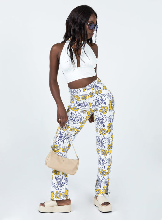 Tropical Dreams High Rise Straight Leg Denim Jeans Off White
