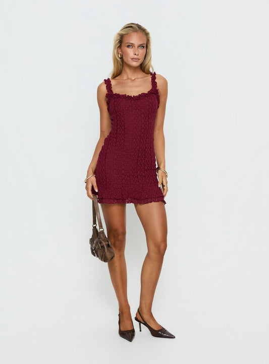 Steffi Frill Lace Mini Dress Burgundy