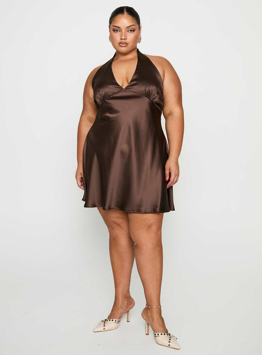 Pelagia Halter Scarf Tie Mini Dress Brown Curve