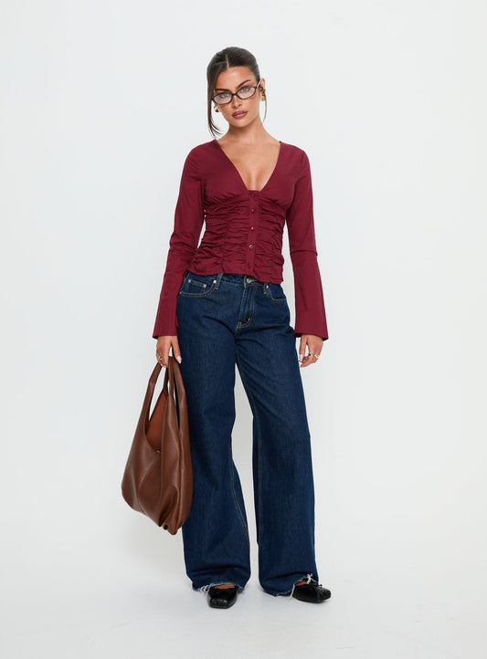 Zanetta Ruched Long Sleeve Top Burgundy