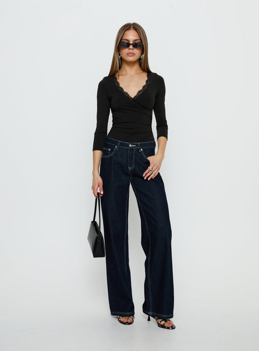 Lyselle Wrap Detail 3/4 Sleeve Bodysuit Black