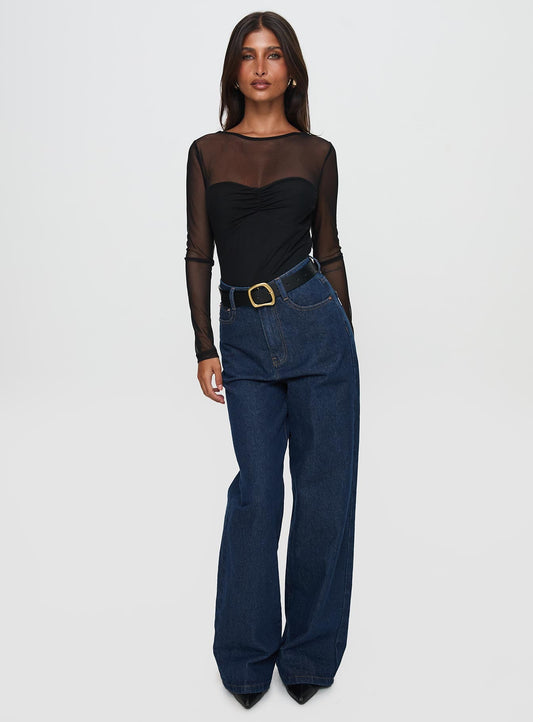 Delanee Mesh Detail Long Sleeve Bodysuit Black