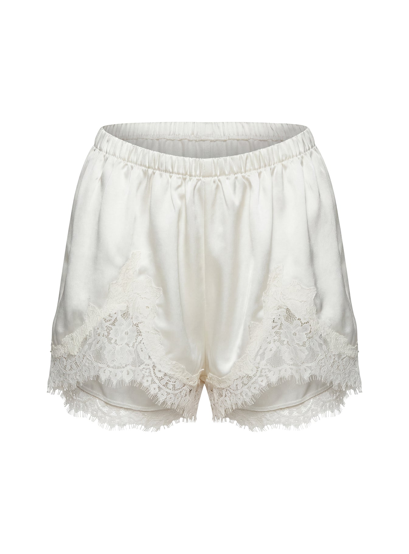 Parisse Satin Lace Trim Shorts Off White