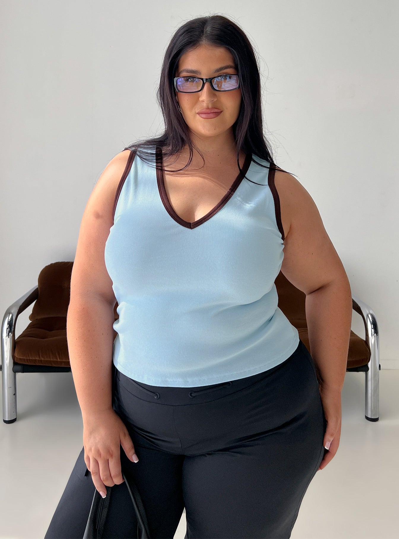 Baseline V Neck Rib Tank Top Blue / Brown Curve