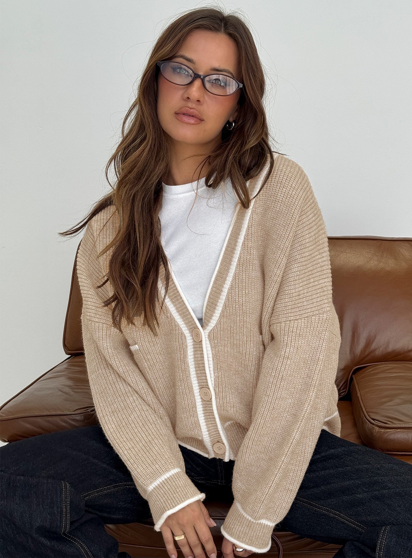 Cressara Contrast Knit Cardigan Beige / White