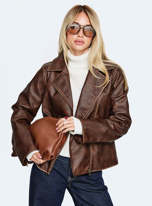 Vyolette Faux Leather Collared Jacket Washed Brown