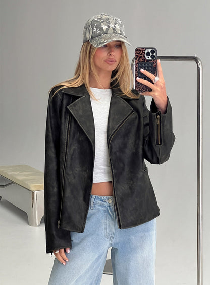 Vyolette Faux Leather Collared Jacket Washed Black
