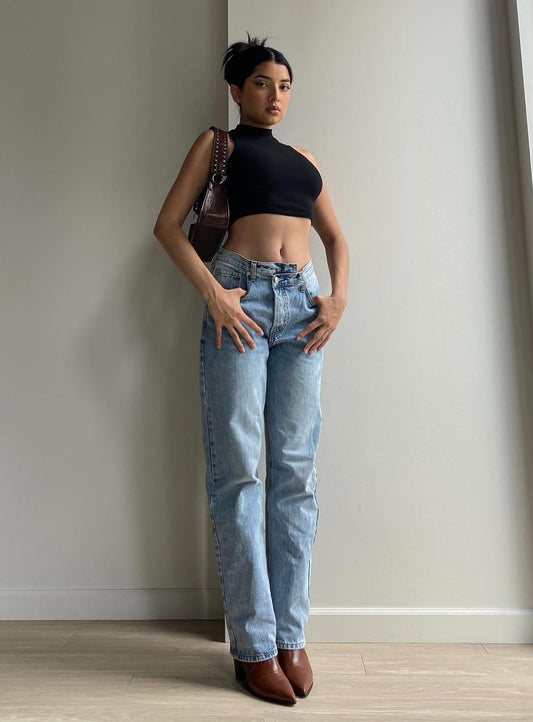 Holly Mid Rise Straight Leg Asymmetric Jean Light Wash Denim