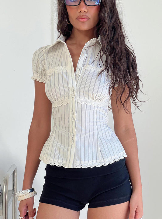 Deserve You Puff Sleeve Button Front Top Cream Stripe Petite