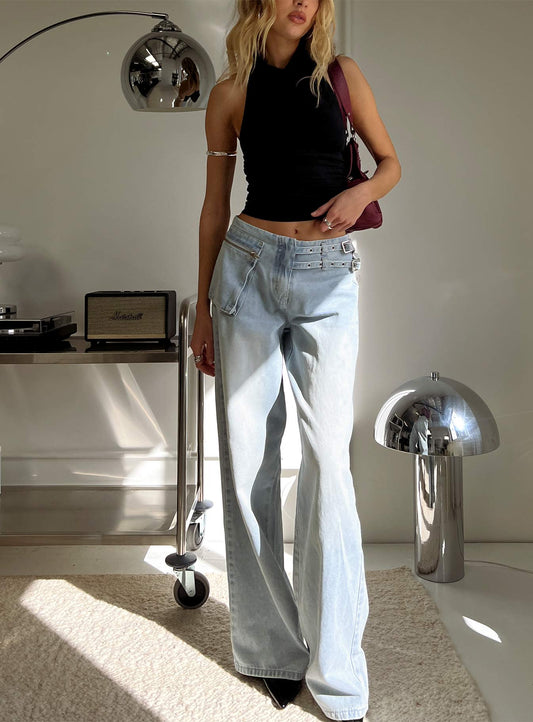 Paltrow Mid Rise Wide Leg Cargo Jeans Faded Blue Wash