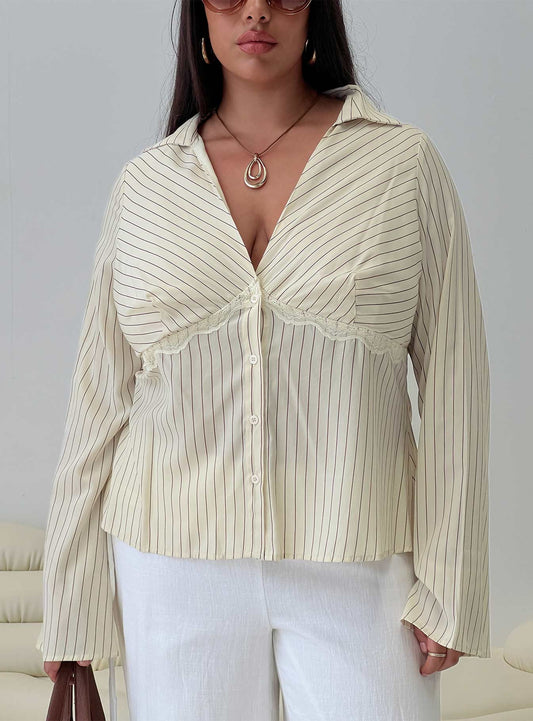 Life Begins Long Sleeve Lace Trim Top Cream Stripe Curve