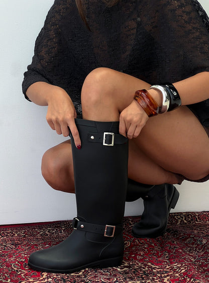 Elvera Buckle Detail Rubber Gumboots Black