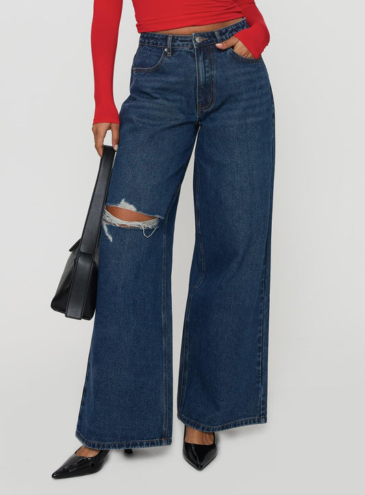 Naylor Rip Mid Rise Wide Leg Jeans Dark Blue Wash