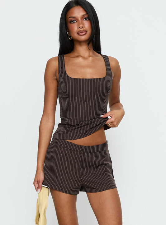 Party Invitations Tailored Shorts Brown Pinstripe