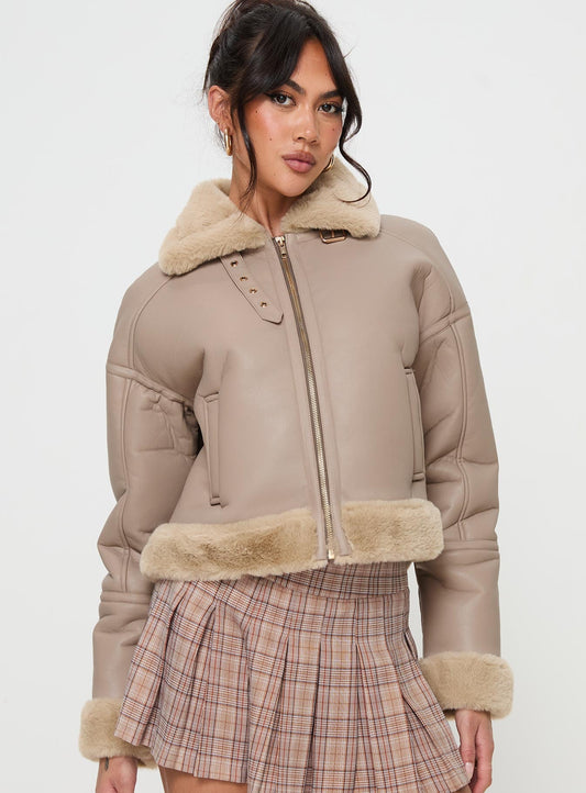 Henessy Faux Leather Jacket Beige
