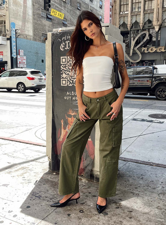 Ahstin Mid Rise Straight Leg Cargo Jeans Green Petite