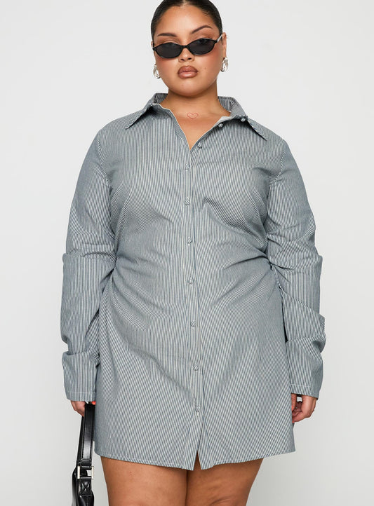 Publicity Long Sleeve Mini Dress Blue Pinstripe Curve