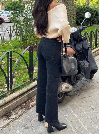 Thomson High Rise Wide Leg Cargo Jeans Black