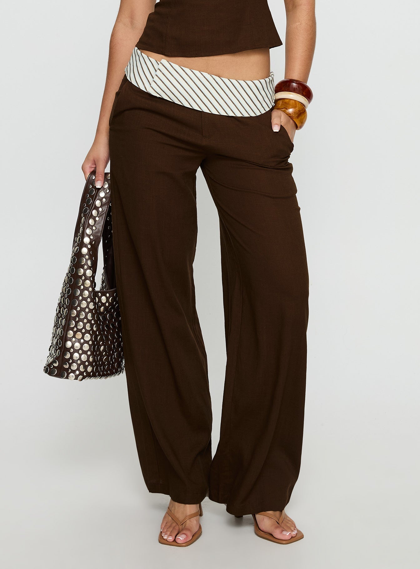 Past Life Fold Over Waistband Pant Brown / Stripe