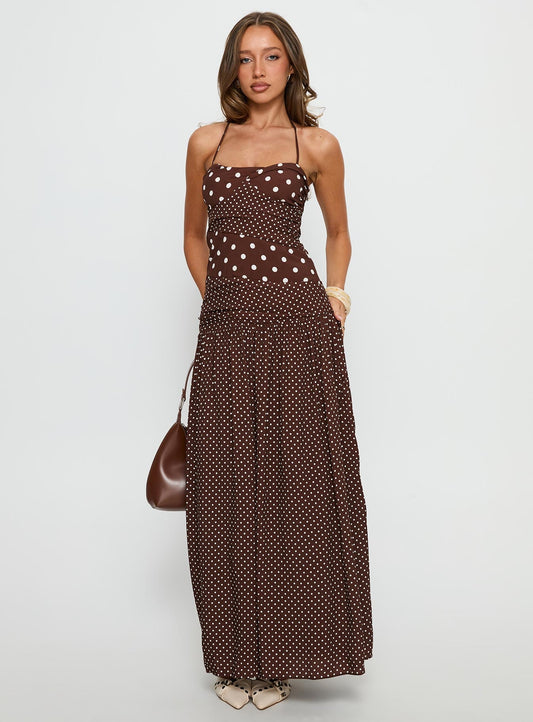 Marguerite Halter Maxi Dress Brown Polka Dot