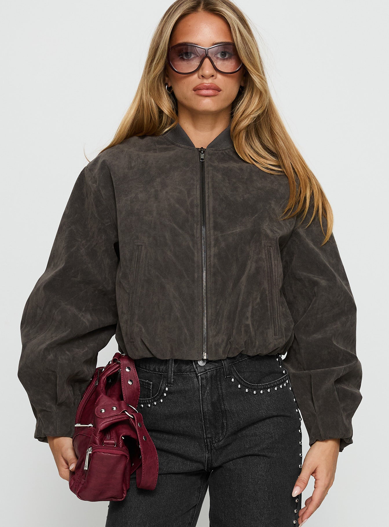 Mastery Faux Suede Bomber Jacket Charcoal