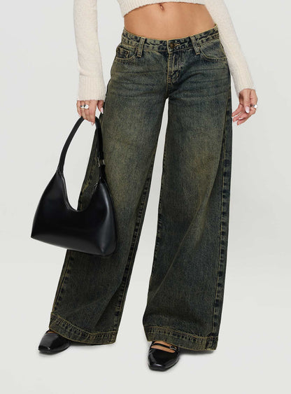 Ribbon Stamp Low Rise Wide Leg Jeans Antique Wash