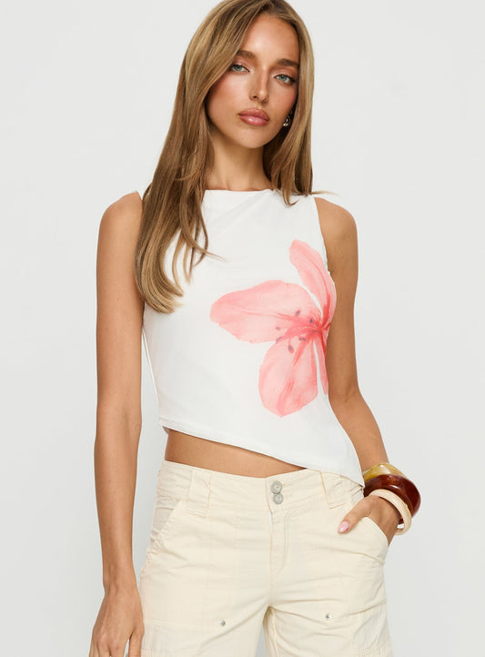 Brontee Boat Neck Asymmetrical Graphic Tank Top White
