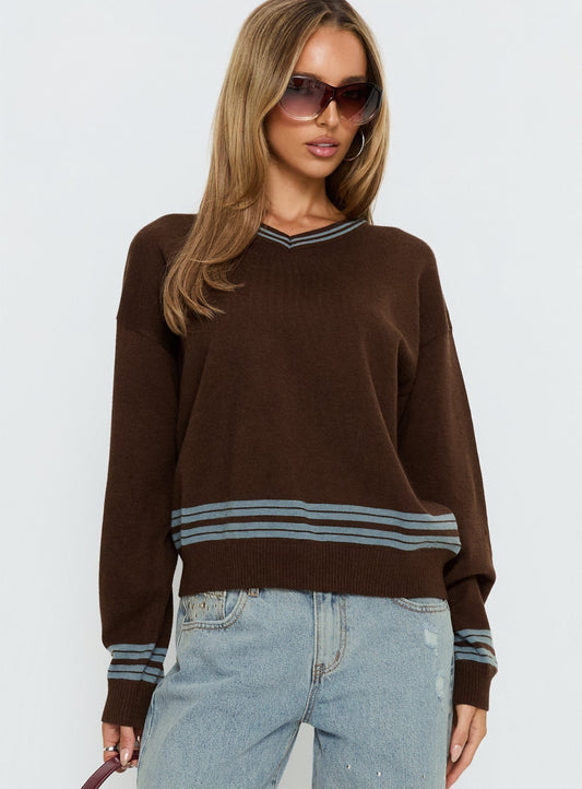 Yarnia V Neck Jumper Brown / Blue
