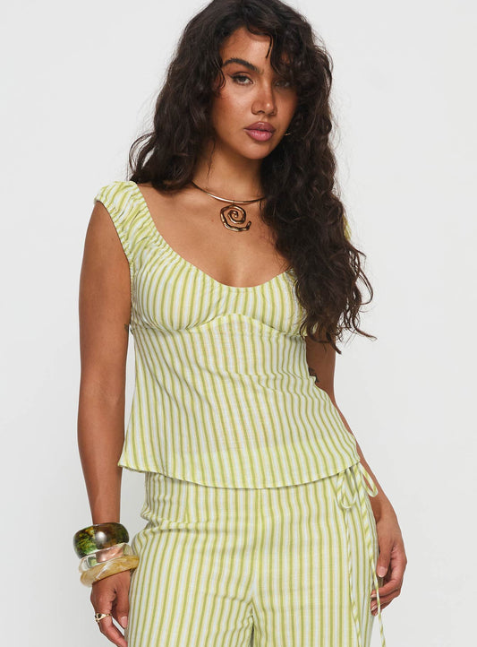 With Pleasure Puff Sleeve Linen Blouse Top Green / Blue Stripe
