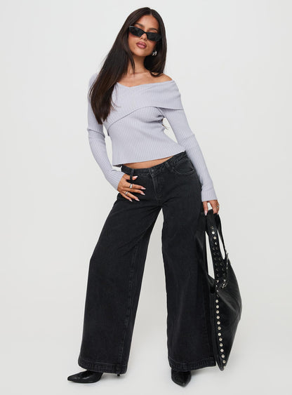 Ribbon Stamp Low Rise Wide Leg Jeans Washed Black