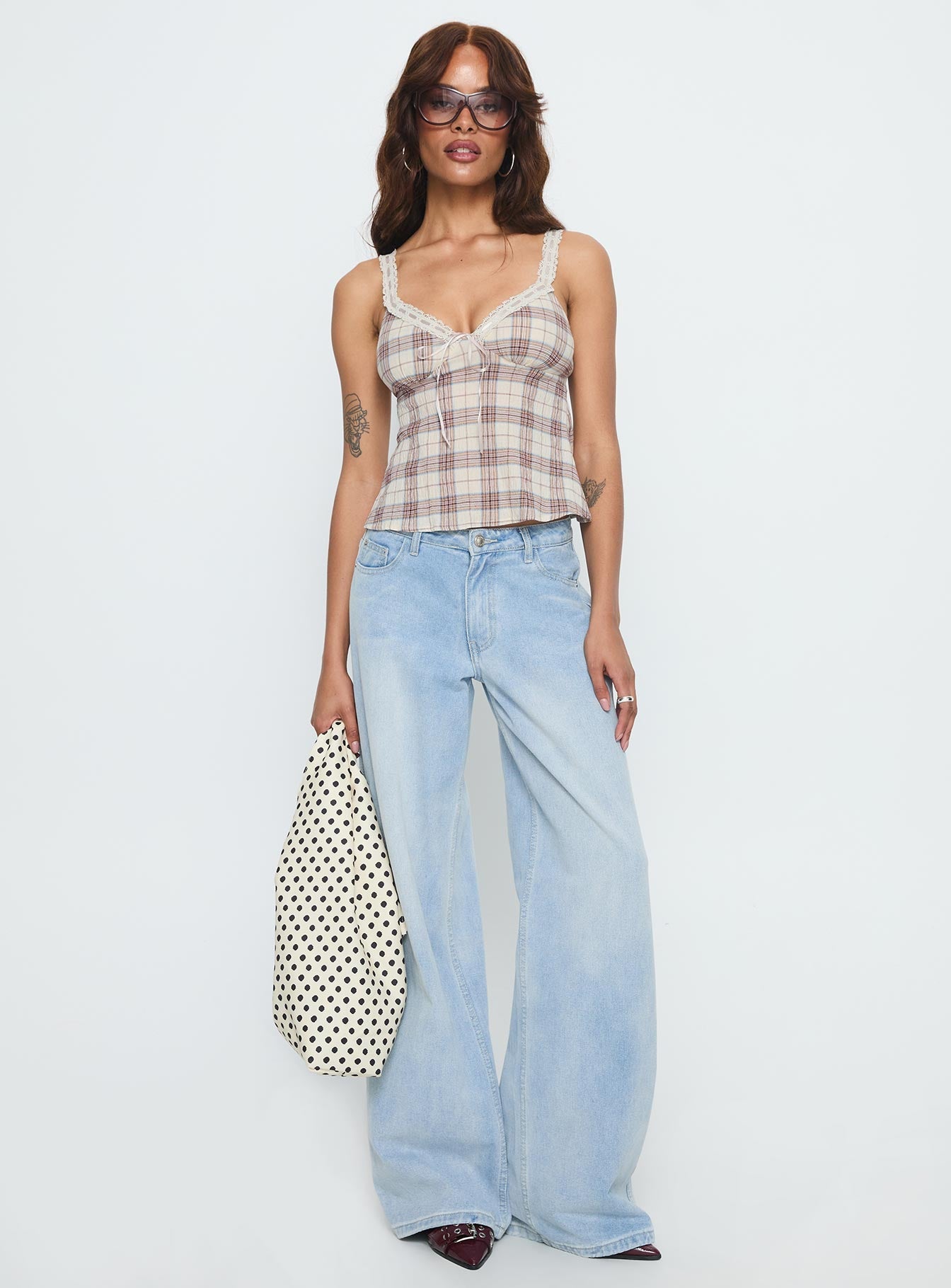 Pretty It Up Tie Detail Top Beige Check