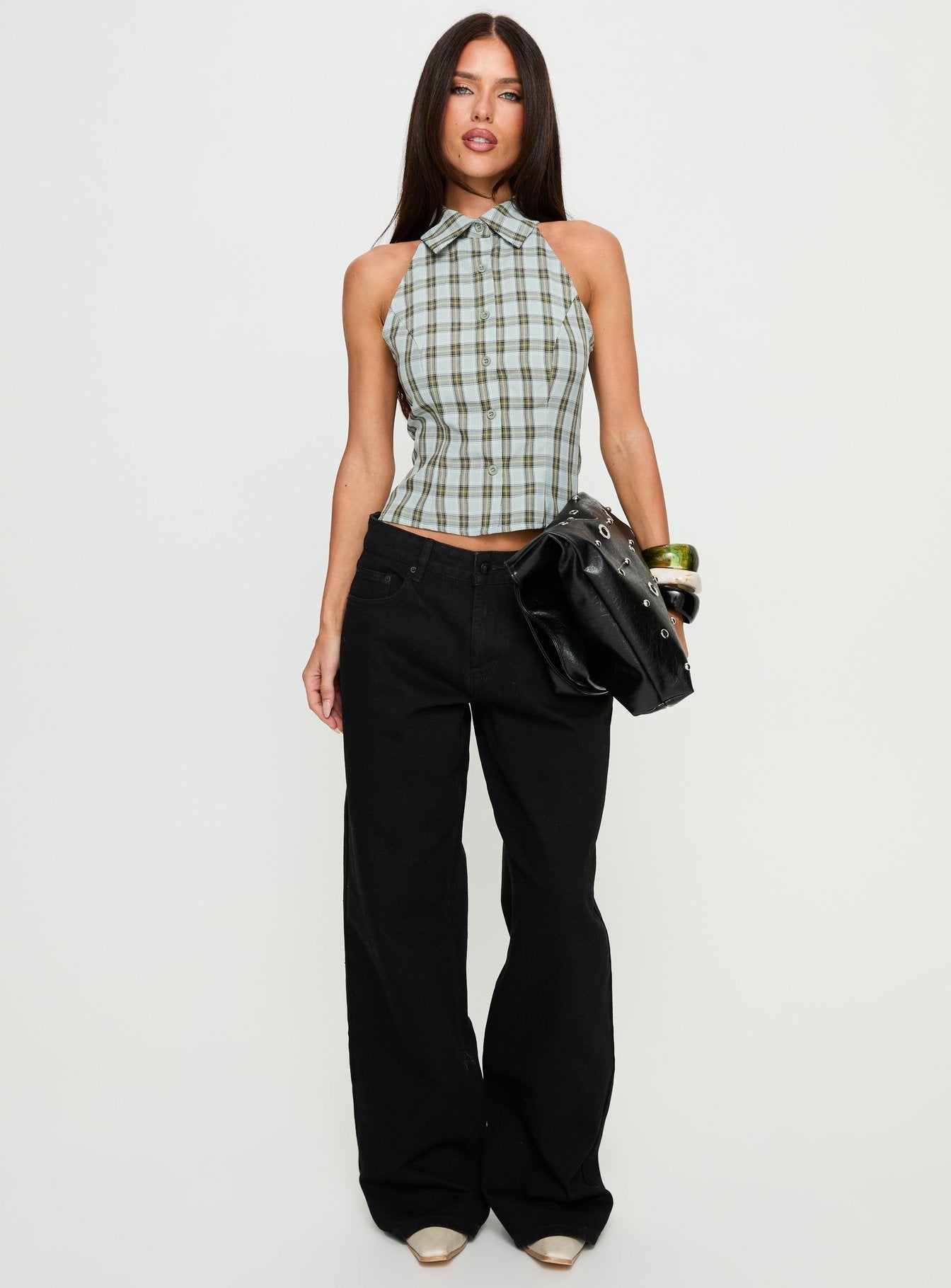 Daleia Sleeveless Collared Top Blue Check