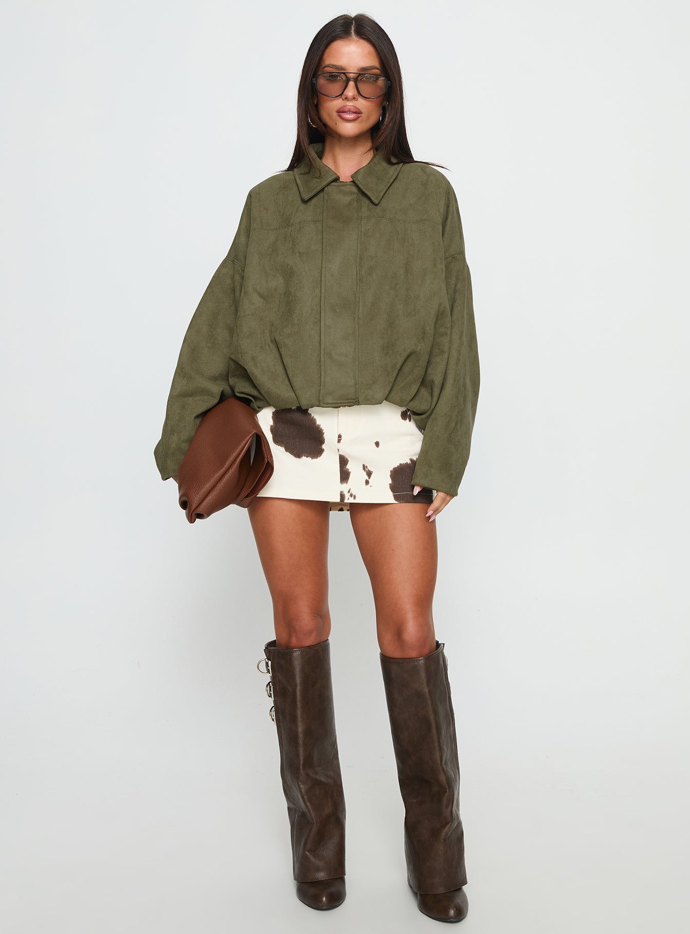 Enlightened Faux Suede Bomber Jacket Khaki