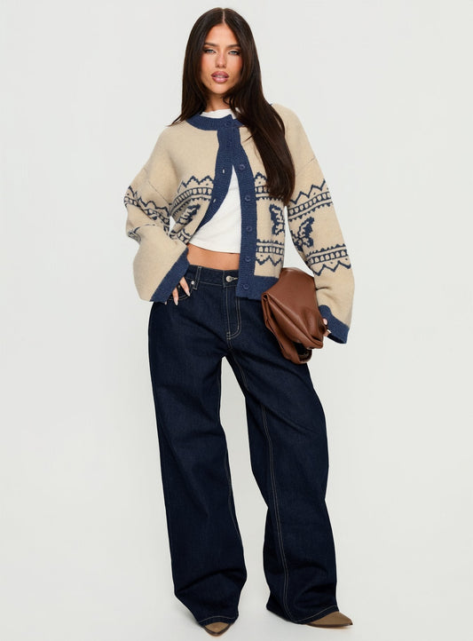Wynoni Alpine Knit Cardigan Beige / Navy