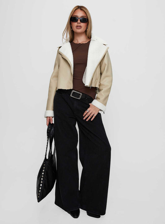 Shearling Trim Faux Leather Jacket Beige