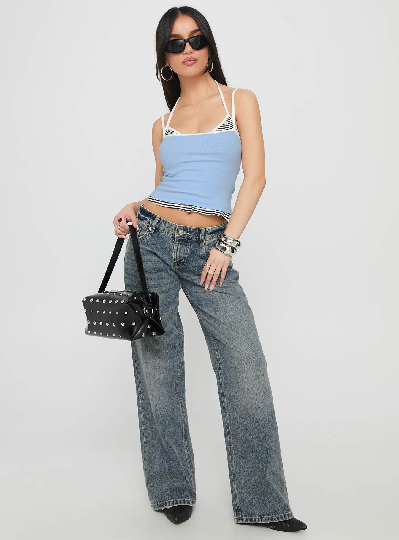 Franki Halter Layered Top Blue Multi Stripe