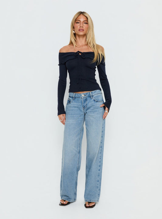 Sevanna Off Shoulder Long Sleeve Top Navy