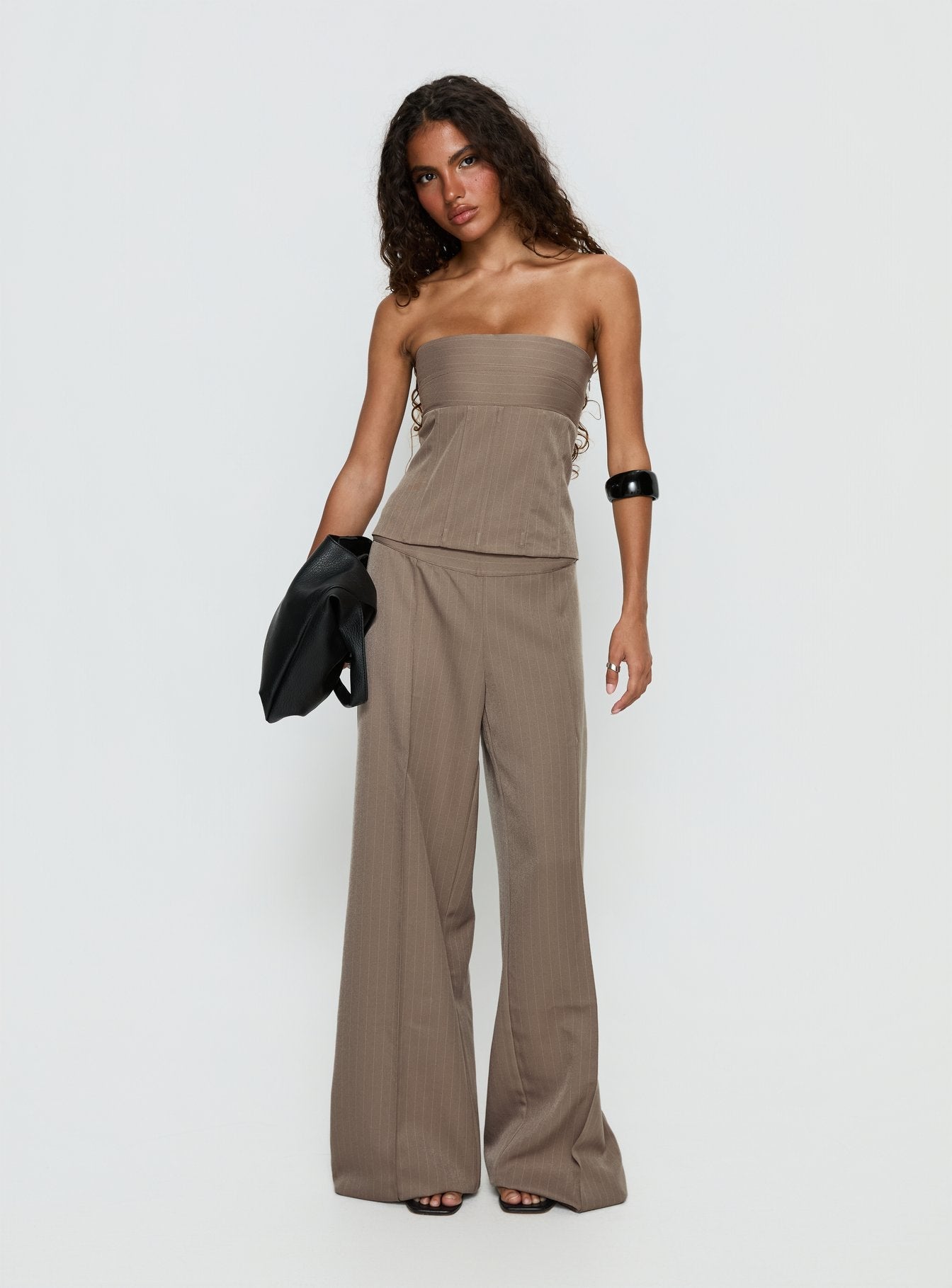 Madelle Mid Rise Straight Leg Pants Brown Pinstripe