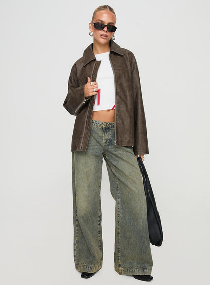 Faux Leather Collared Dad Jacket Washed Brown