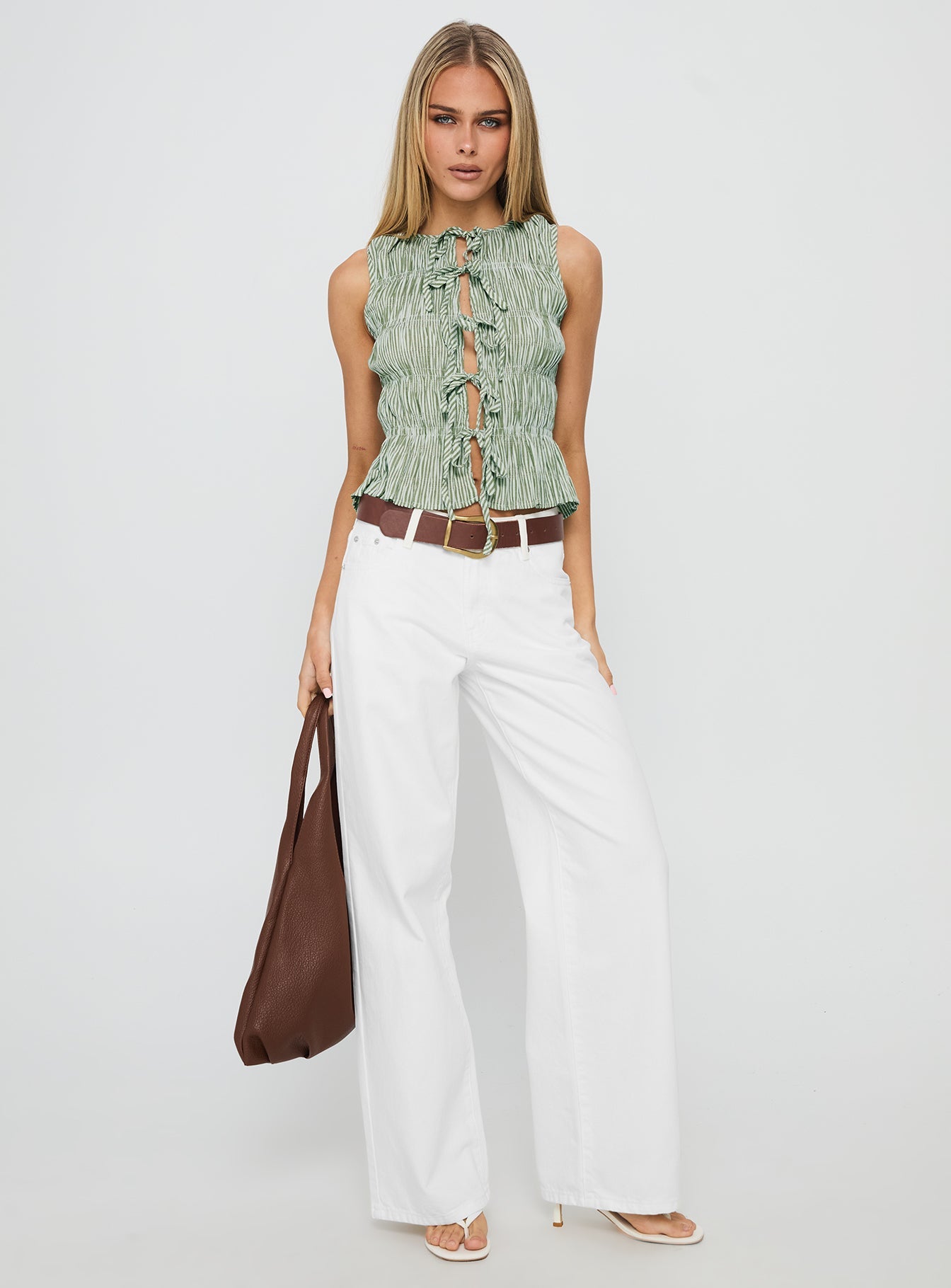 Apero Shirred Tie Front Top Green / White Stripe