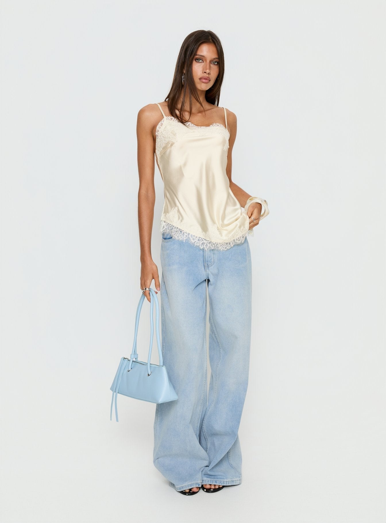 Winta Lace Trim Asymmetrical Satin Top Cream