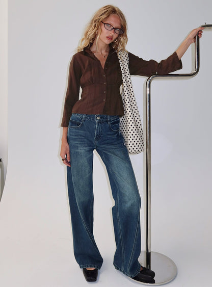 Taelynn 3/4 Sleeve Button Up Shirt Chocolate