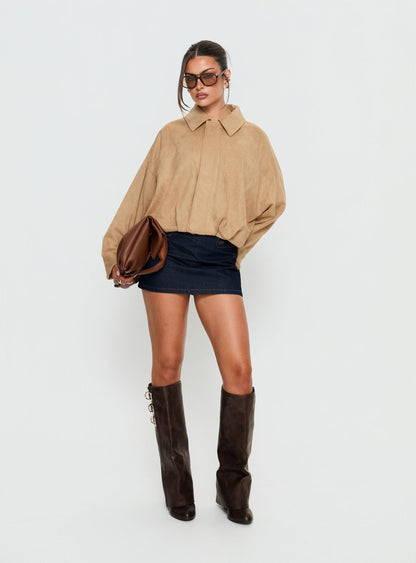 Enlightened Faux Suede Bomber Jacket Beige