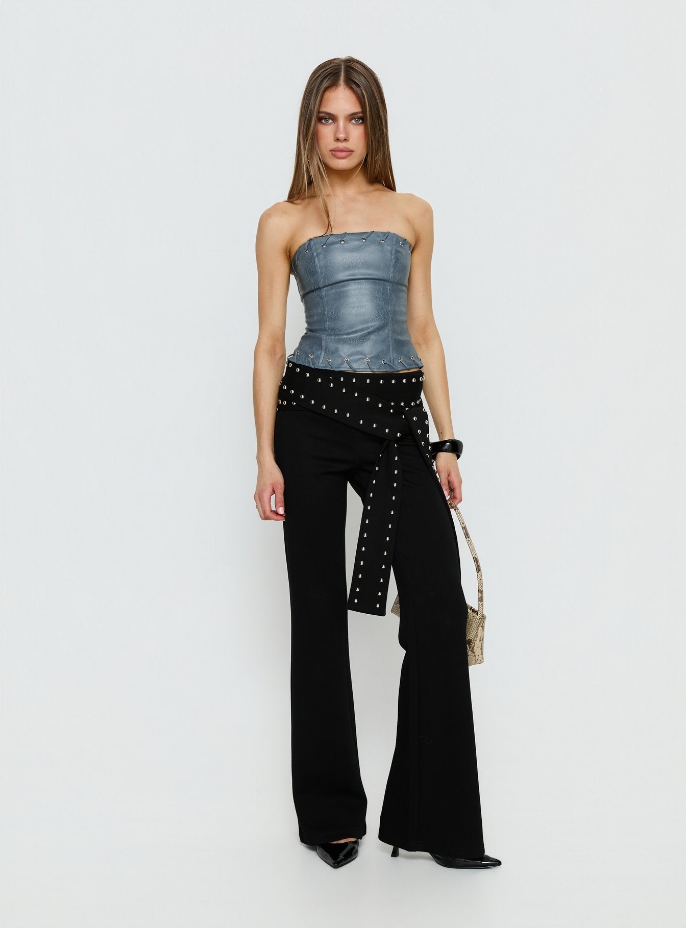 Pammie Faux Leather Strapless Top Blue