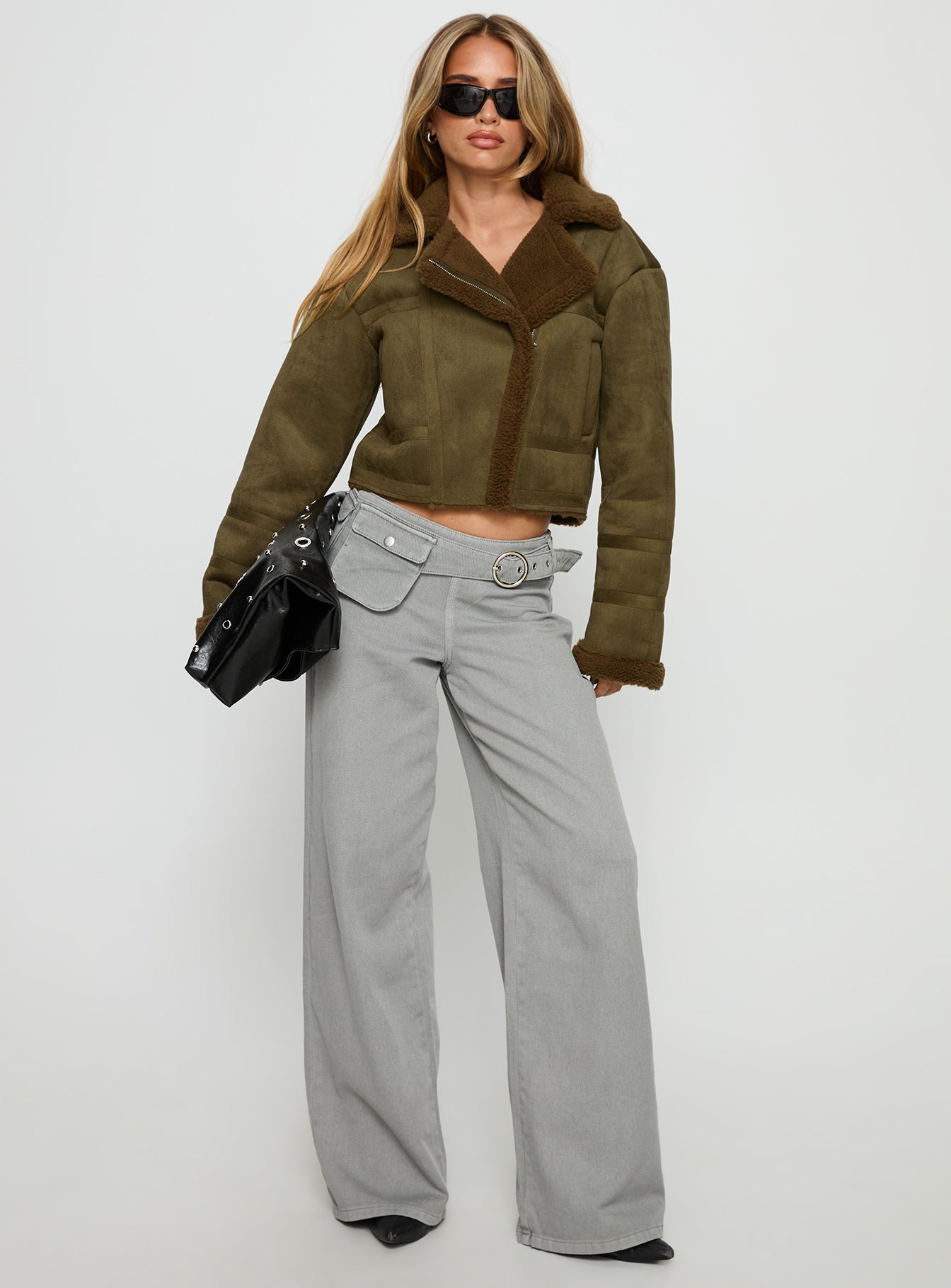 Swooning Cropped Faux Suede Jacket Green